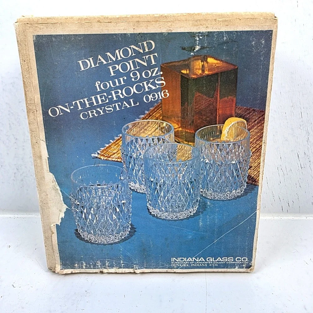 Vtg Indiana Glass Diamond Point Set of 4 Crystal Old Fashioned Rocks Glasses 9oz